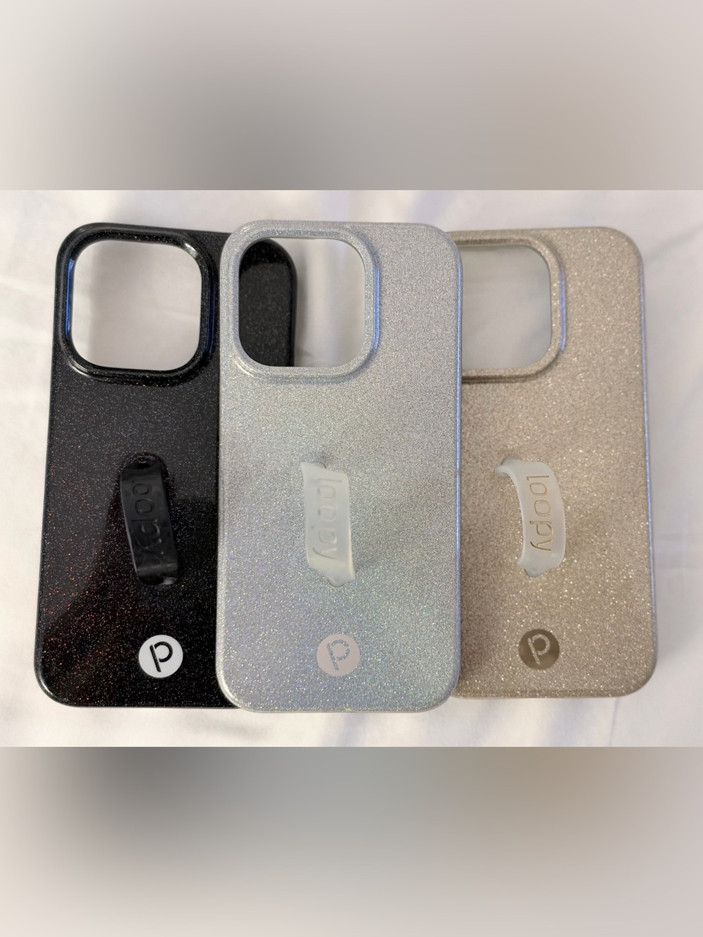 Set of 3 Phone Case for iPhone 15 Pro. Champagne Black and Platinum Glitter UEC!